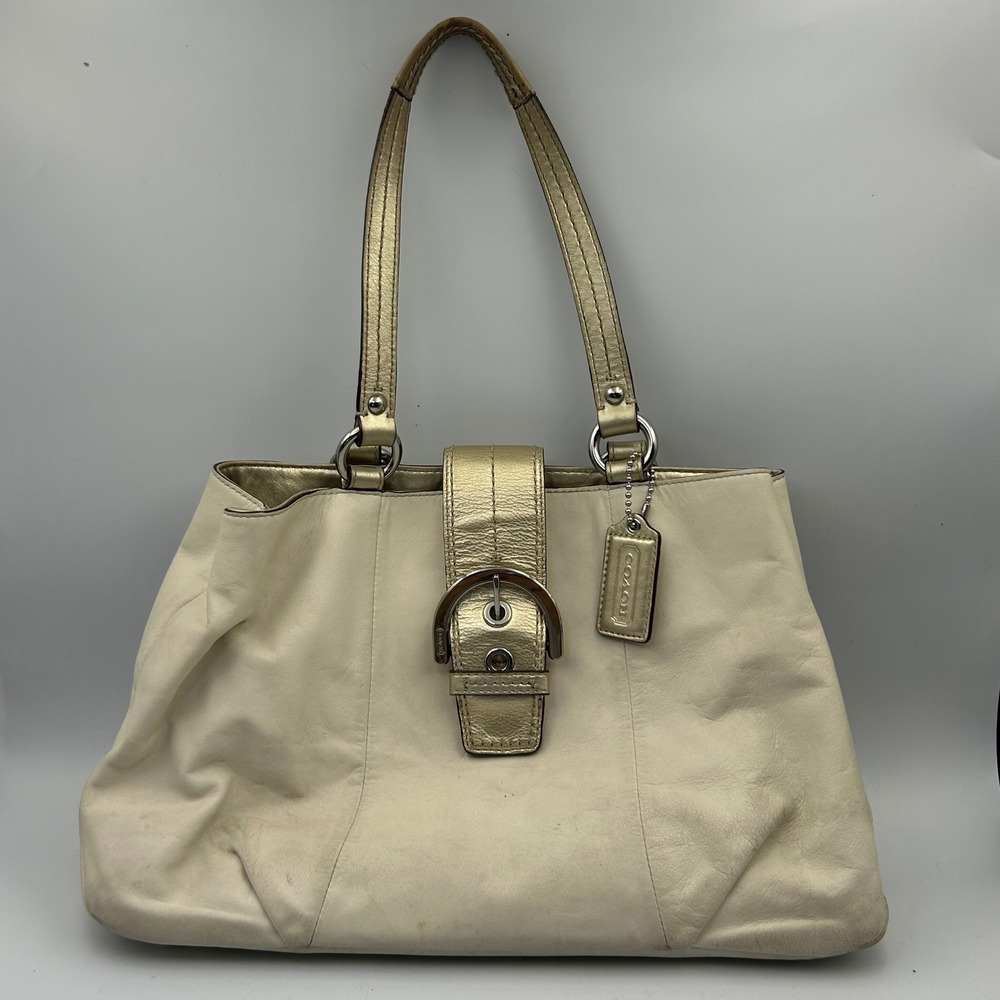 Coach Soho Buckle Tote Women Large Cream Gold Leather F18751 Y2K Glam Luxe AS IS